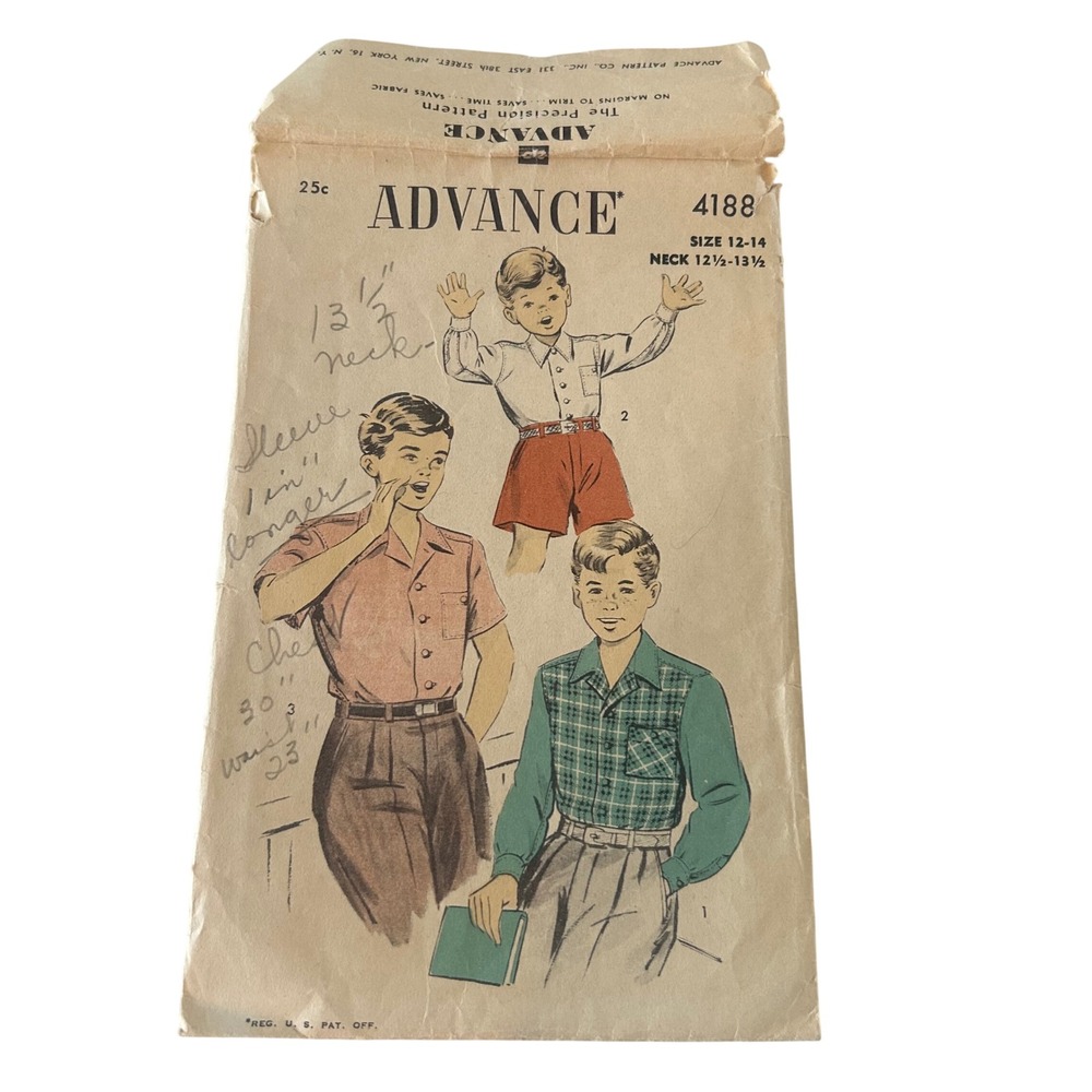 Advance 4188 Sewing Pattern Boys Size 12-14 Tan 1950s Vintage Shirt Cut Complete